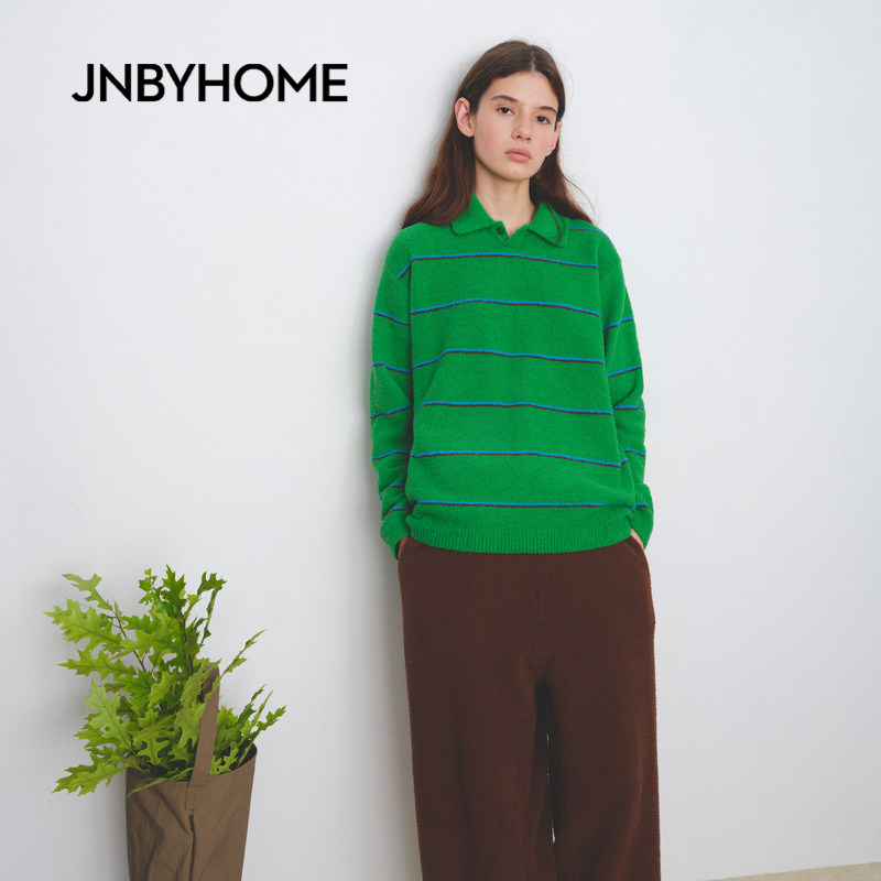 JNBYHOME江南布衣新条纹半边绒男女长袖套头家居套装睡衣上衣