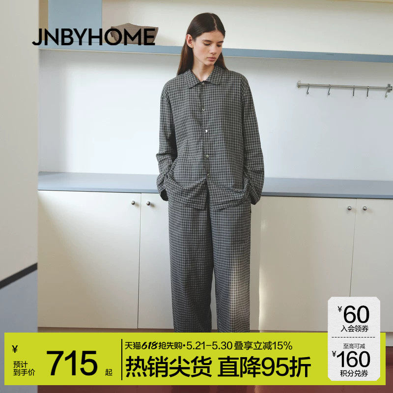 JNBYHOME江南布衣秋新女长袖家居服衬衣格纹柔软舒适情侣睡衣