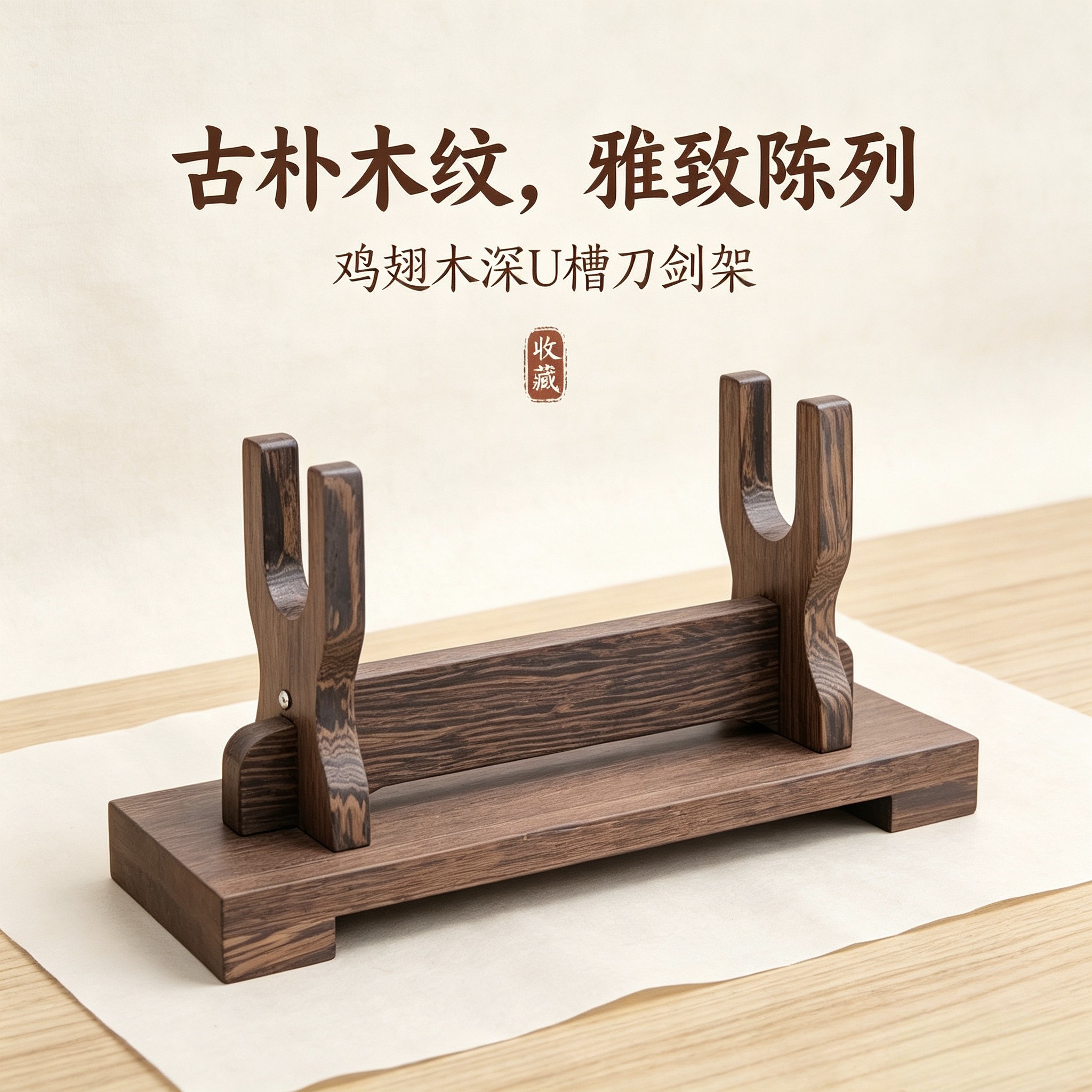 鸡翅木U槽宽刀剑架古朴木纹定制图片
