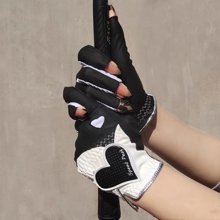 韩国进口PU高尔夫女防滑漏指手套下场打球耐磨透气时尚运动护手套
