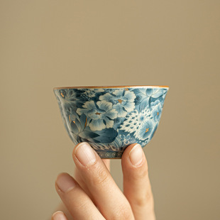 手工青花万花茶杯陶瓷茶具主人杯客杯岩茶杯品茗杯家用功夫茶具
