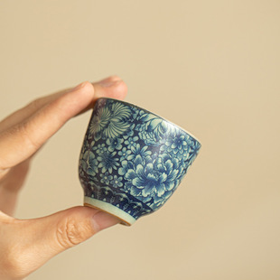 景德镇复青花万花小客杯主人杯品茗杯单杯功夫茶具岩茶杯家用喝茶