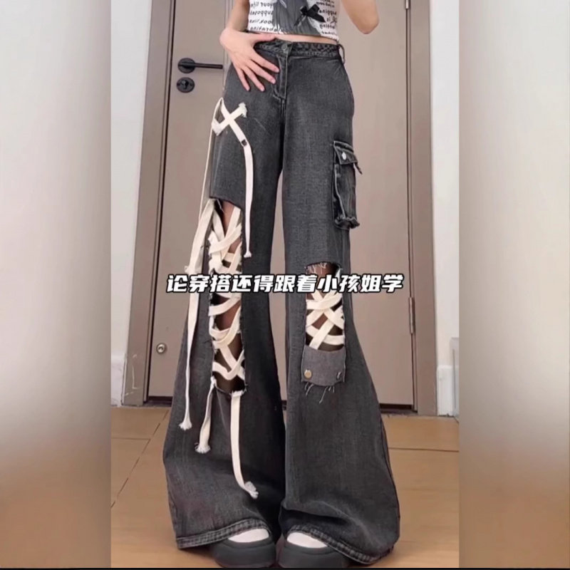 美式高腰黑色绑带破洞牛仔裤女夏季穿搭薄款工装阔腿宽松直筒裤子