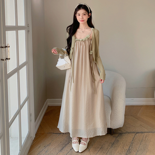 孕妇气质连衣裙春天裙子套装2026新款甜美雪纺吊带网纱裙防晒开衫