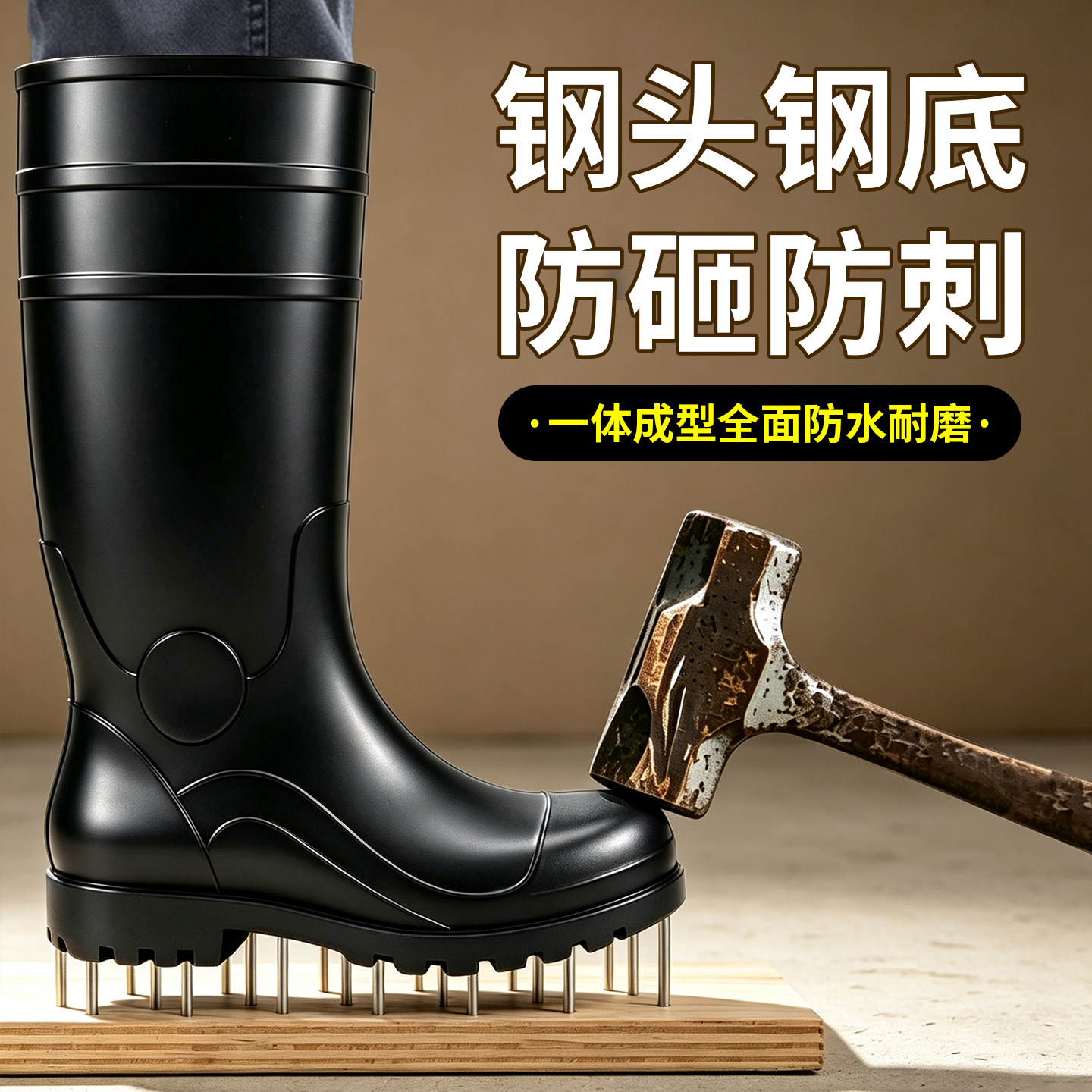 钢头劳保雨鞋防砸防刺高筒中筒雨靴男女款水鞋工地雨天防滑耐酸碱