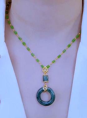 竹节链女士祖母绿平安扣吊坠项链