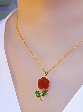 清新时尚红色浪漫玫瑰花吊坠项链