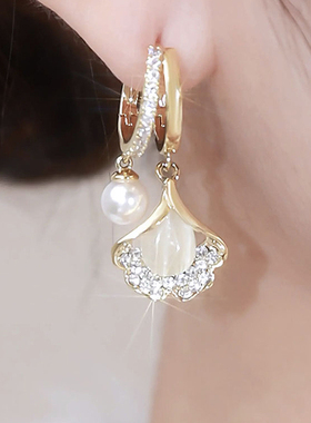 三生有杏法式珍珠耳环时尚气质百搭银杏叶耳扣轻奢高级感耳饰耳钉