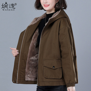 加绒棉衣派克服女短款小个子中老年妈妈冬装新款休闲宽松连帽外套