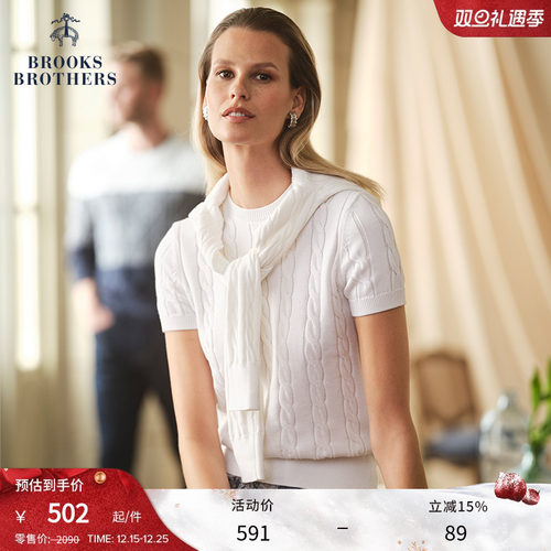 布克兄弟25女士棉麻圆领针织短袖