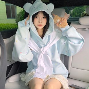 新款 可爱小熊公仔波点刺绣连帽卫衣女2025秋冬季 设计感宽松外套潮