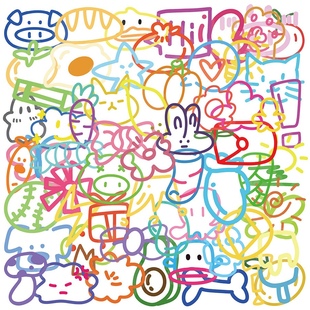 60张卡通彩色线条多巴胺小元 素贴纸ins风可爱图案PET透明防水贴画