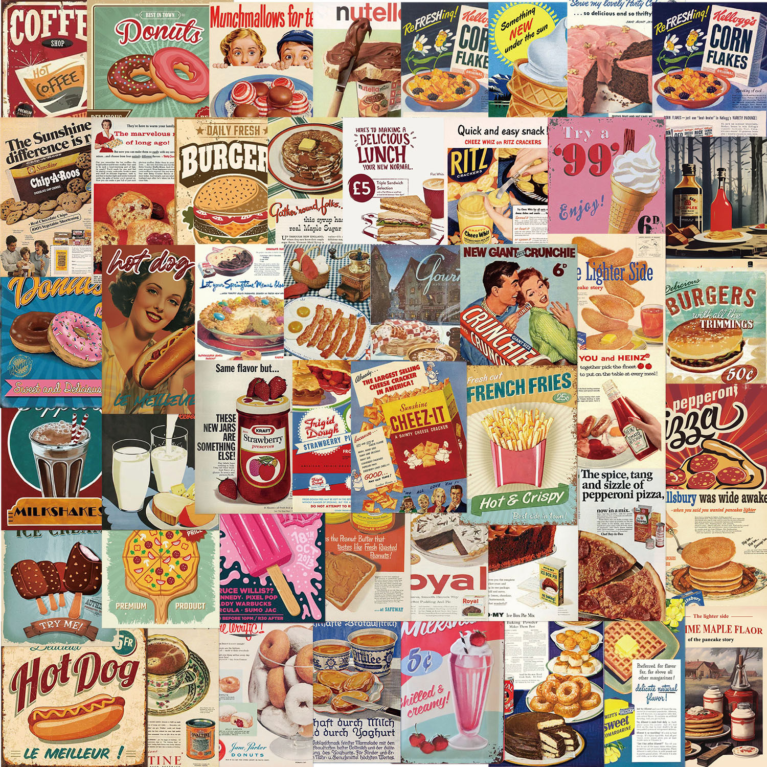 50张欧美式复古风食物海报贴纸高颜值怀旧英文艺创意装饰防水贴画