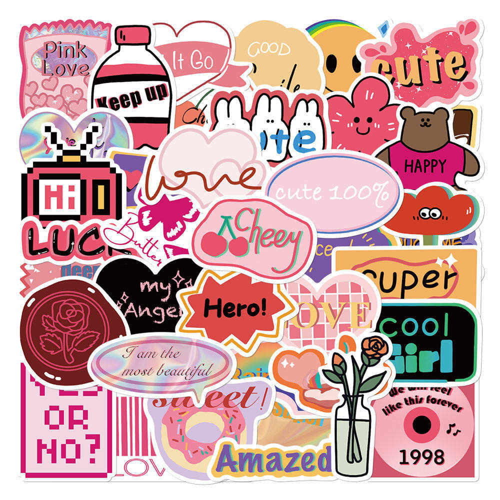 40张少女心欧美复古装饰贴纸奶茶杯咖啡杯手账本手机装饰防水贴画