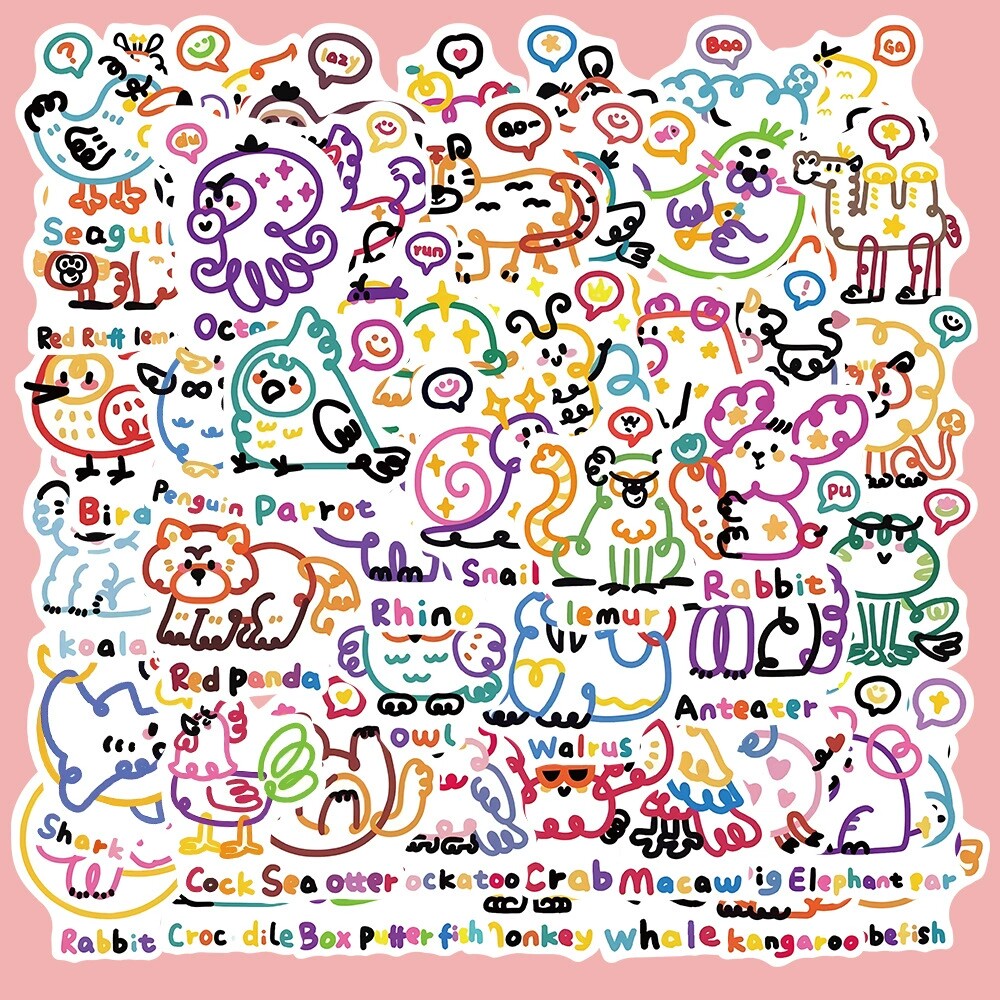 50张可爱卡通线条动物涂鸦装饰手账本贴纸吉他滑板摩托车防水贴画