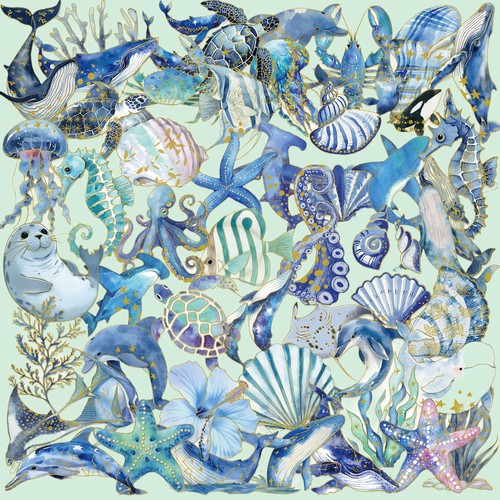 PET透明烫金材质海洋生物贴纸包