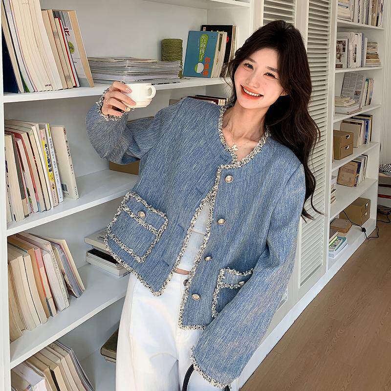 实拍法式复古蓝色小香风花边短外套女春季2026新款高级感牛仔上衣