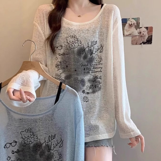 夏季设计感上衣镂空防晒印花杏色圆领长袖罩衫t恤百搭显瘦纯欲风