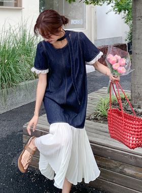 实拍法式气质拼接牛仔连衣裙女2026夏季新款高级感遮肉显瘦鱼尾裙