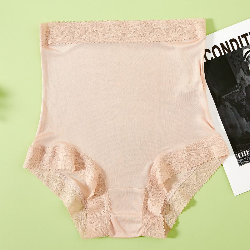 真丝高腰内裤女桑蚕丝过肚脐平角裤包臀透气蕾丝花边高档底裤短裤