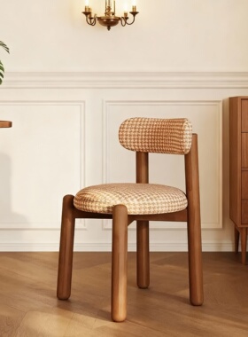 复古实木餐椅设计师款书房布艺靠背椅千鸟格丝织物椅子