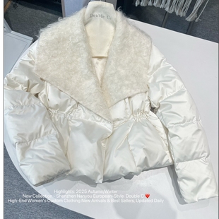 白色绵羊毛绒大翻领羽绒服马海毛双C收腰显瘦短款保暖面包鹅绒服