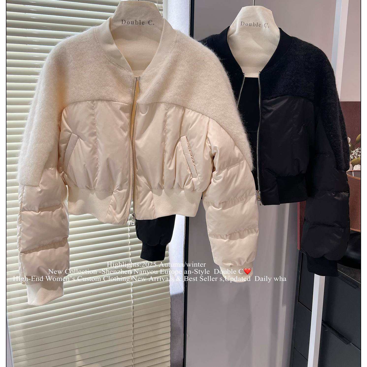 双C高端定制女装2025新品冬马海毛白鹅绒羽绒棒球服设计感上衣女