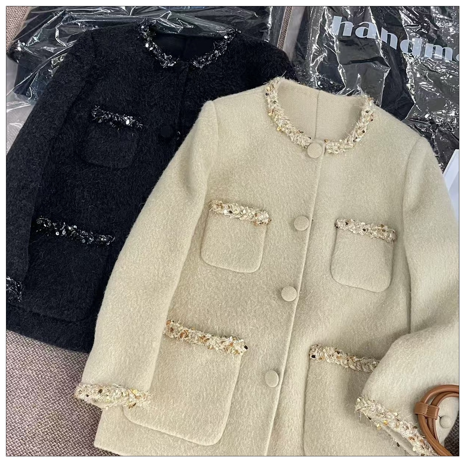 2025秋冬新小香风羊毛亮片领外套