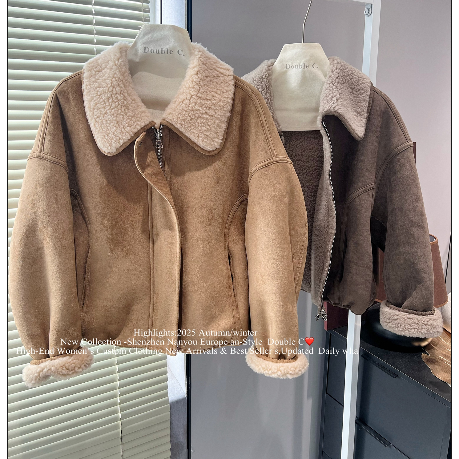 25新冬皮毛一体麂皮羊羔毛领外套