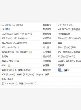 LP140WF6-SPF1  LG液晶显示屏全新原厂原包现货，价格以咨询为准