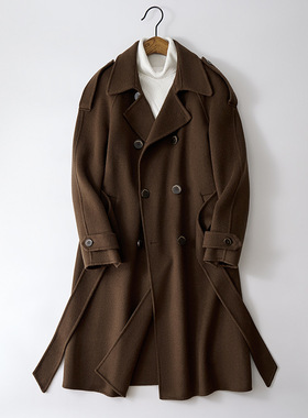 欧洲站2023冬季双面毛呢男士过膝长款外套韩版翻领宽松羊毛大衣