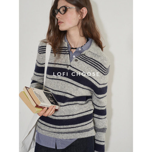 Lofi choose 条纹Polo领针织毛衣女秋季新款简约宽松百搭长袖上衣
