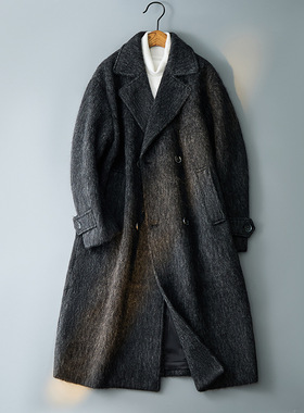 秋冬羊毛呢大衣西装领中长款青年风衣黑灰色双面呢韩版双排扣外套