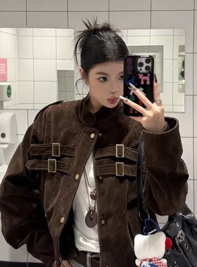 鹿皮绒外套女短款夹克春秋2025新款韩版高级感宽松小个子上衣外穿