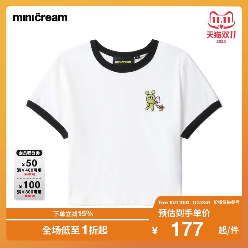 mini cream女装2023夏季新品小怪兽刺绣撞色短款辣妹休闲短袖T恤