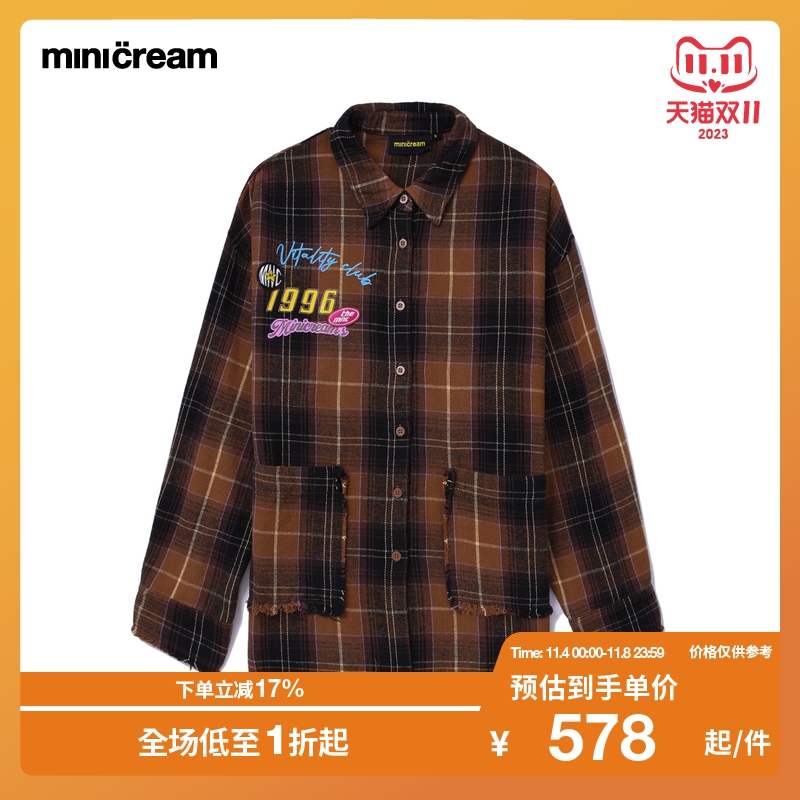 mini cream女装秋冬新品复古格纹刺绣毛边长袖衬衫FS118AL