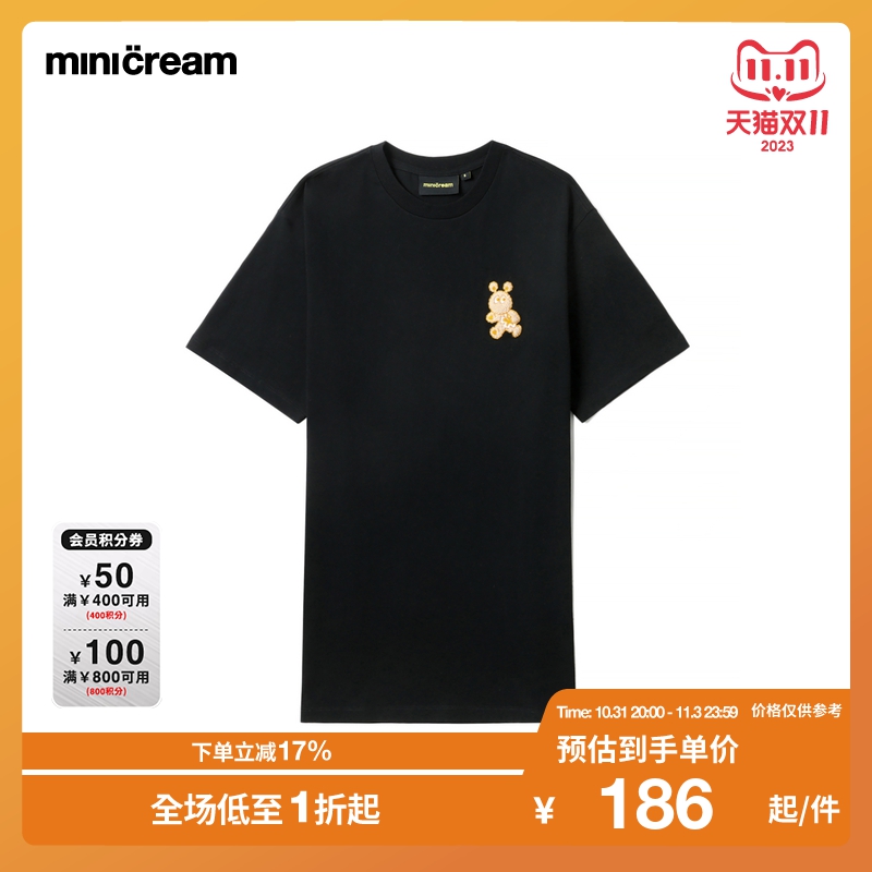 mini cream女装2023夏季小怪兽图案布贴休闲纯色短袖T恤M6111K