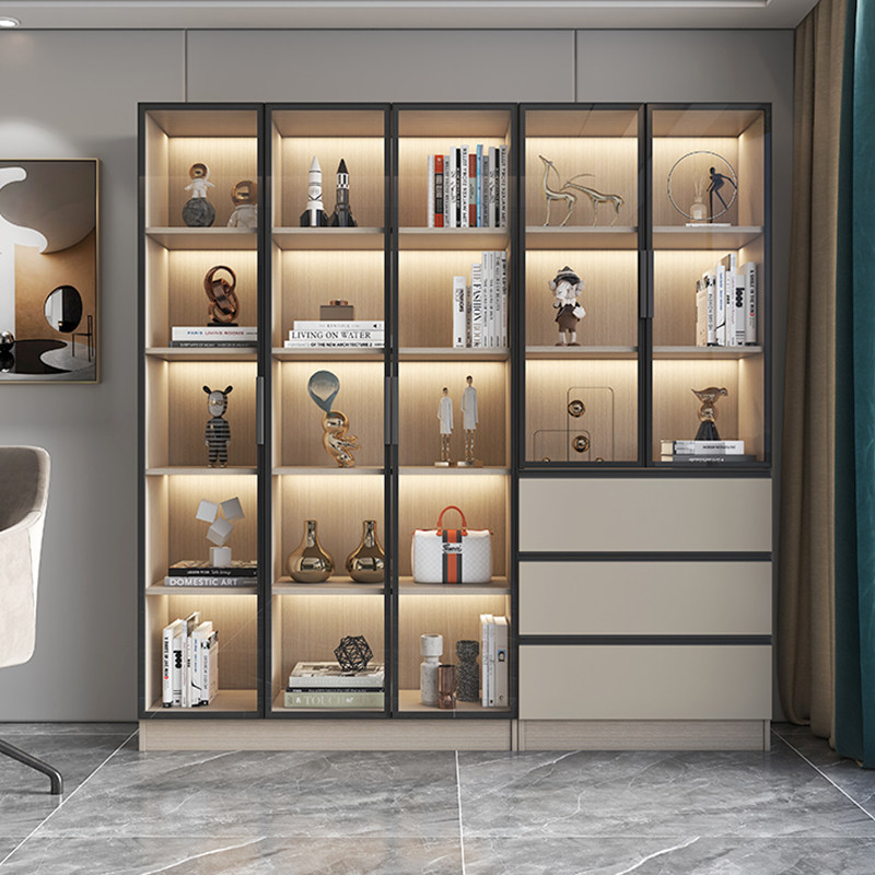 轻奢书架书柜现代简约玻璃门带灯书柜客厅落地置物架实木展示柜子,住宅家具,组合书柜,淘宝优惠券,粉丝福利购,淘宝优惠卷