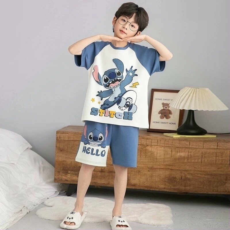 全棉纯棉儿童睡衣男童夏季纯棉短袖薄款卡通儿童家居圆领宽松套装