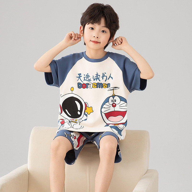 全棉纯棉儿童睡衣男童夏季纯棉短袖卡通家居服薄款宽松套装卡通风
