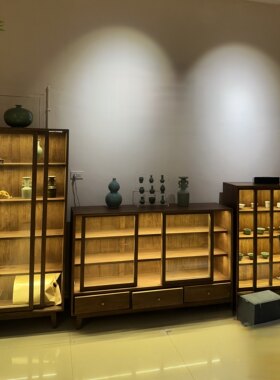 中式胡桃色实木玻璃展示储物收纳柜茶空间组合酒柜收纳柜茶具展示