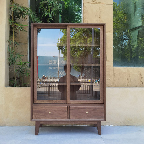 胡桃木侘寂风实木玻璃展示陈列柜