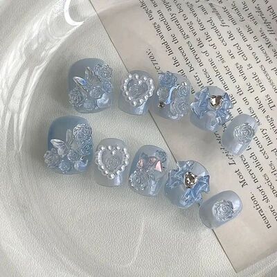 10pcs high-end Short love bow in blue handmade fake nails, L