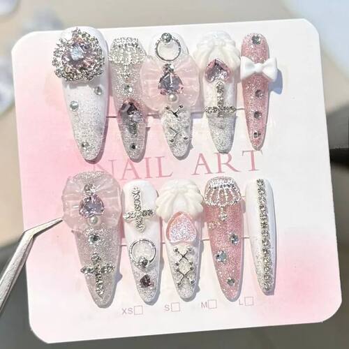 Pink Jirai Kei Long Tip Handmade Press On NailsAnime Gyaru N