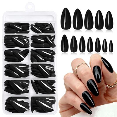 120PCS/Box Almond Medium Black Solid Color Gloss Fake Nail A