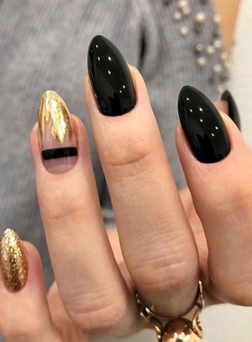 24Pcs Detachable Black Gold Glit Pointed Stiletto Fake Nails