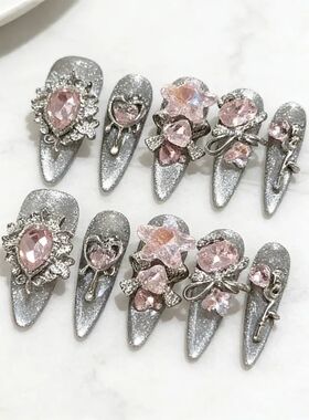 10pcs Handmade Nails Sheer Black and Silver Cat-eye Pink Dia