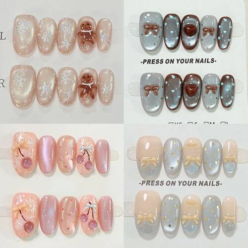 10Pcs Kawaii Cat Eyes Handmade Short Full Cover Nails Snowma