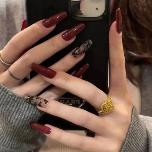 24pcs New Year Fake Nails Long Ballet Nails French Vintage S