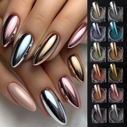 6/12pcs Gold Silver Rose Chrome Nail Powder Luxury Metallic